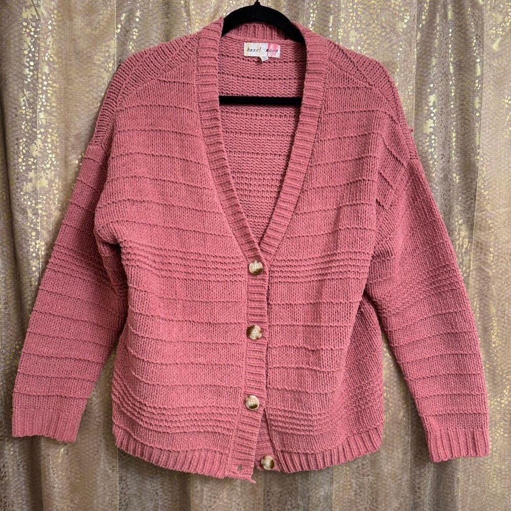 Hazel Moon Mauve Pink Chunky Knit Button Up Cardigan Sweater Medium
